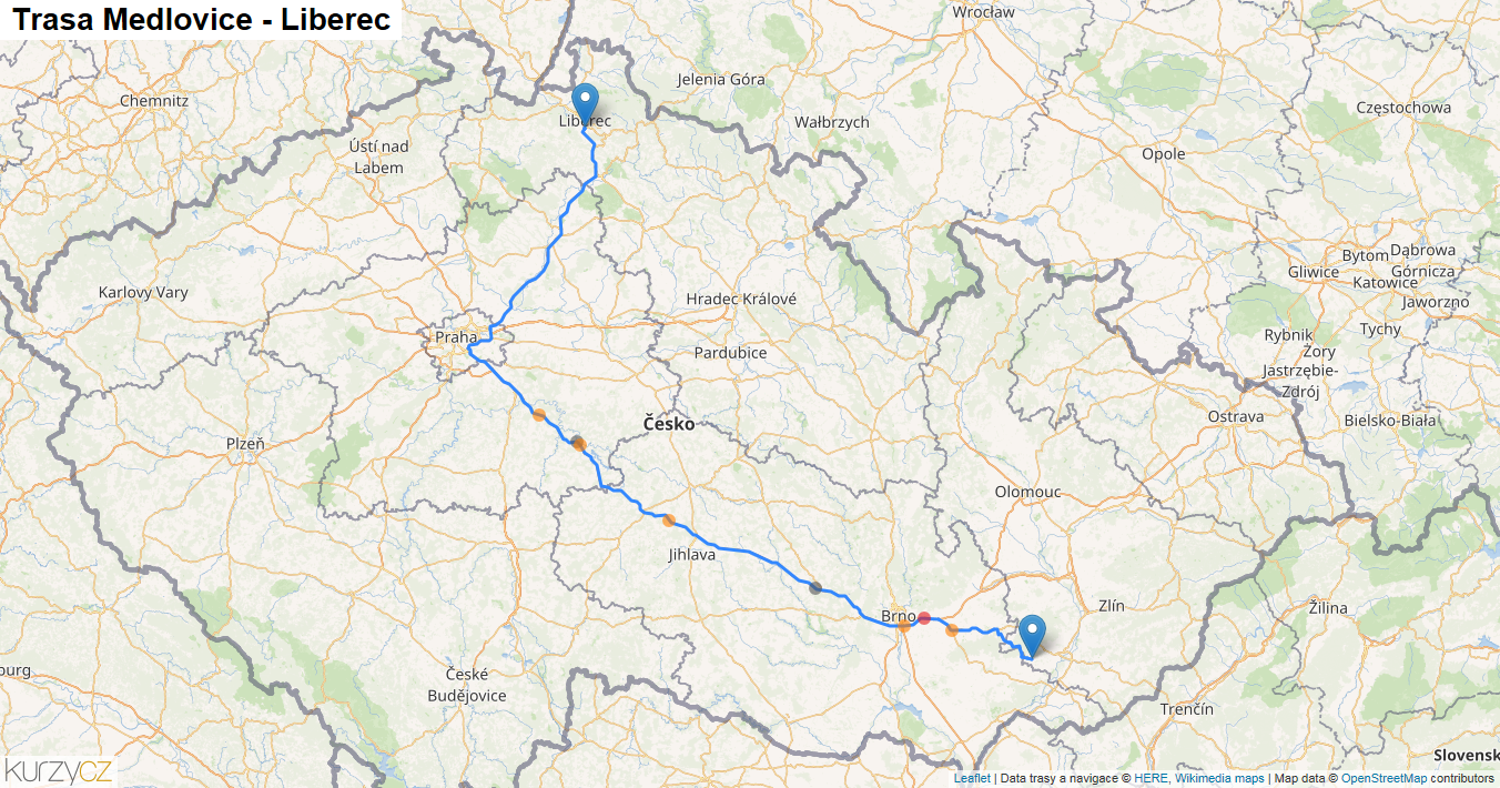Medlovice-Liberec, mapa trasy
