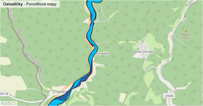 Osinaličky - záplavové mapy stoleté vody