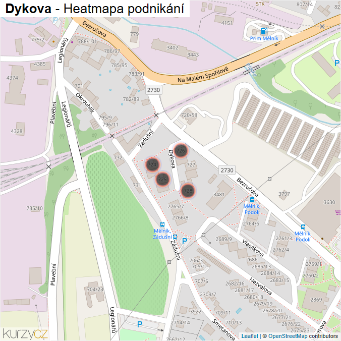 Mapa Dykova - Firmy v ulici.