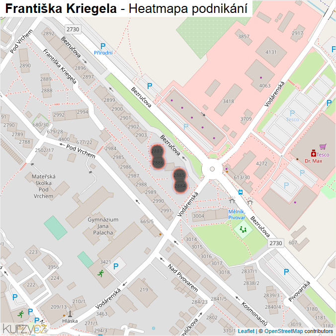 Mapa Františka Kriegela - Firmy v ulici.