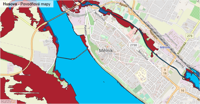 Husova - záplavové mapy stoleté vody