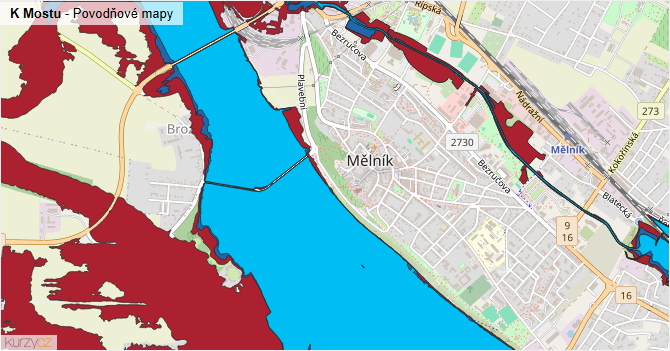 K Mostu - záplavové mapy stoleté vody