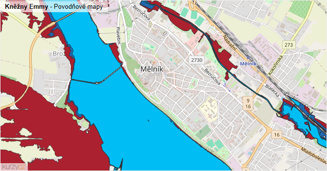 Kněžny Emmy - záplavové mapy stoleté vody