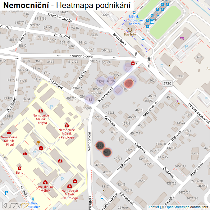Mapa Nemocniční - Firmy v ulici.