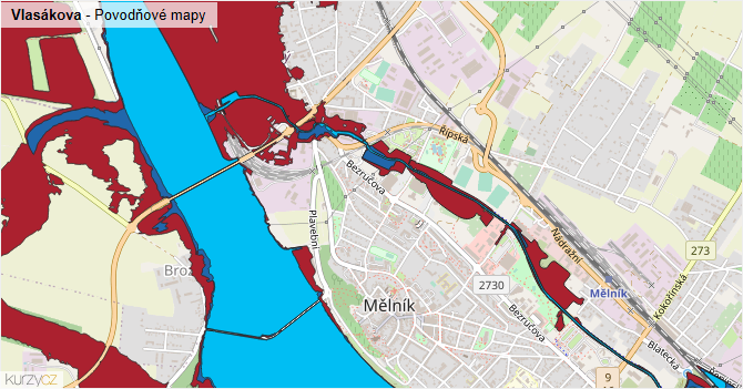 Vlasákova - záplavové mapy stoleté vody
