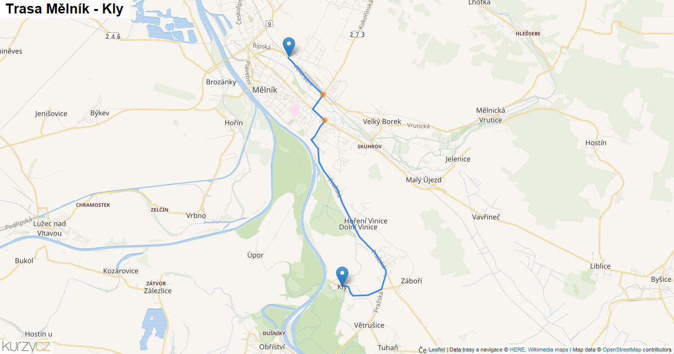 Mělník-Kly, mapa trasy