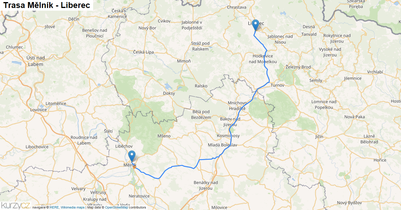 Mělník-Liberec, mapa trasy