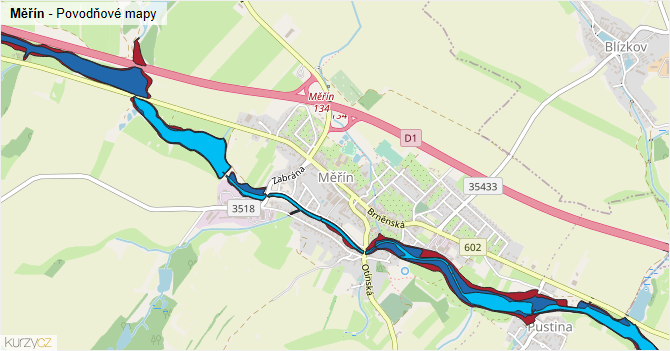 Měřín - záplavové mapy stoleté vody
