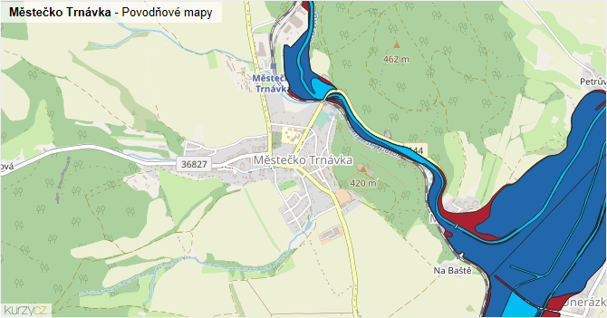 Městečko Trnávka - záplavové mapy stoleté vody