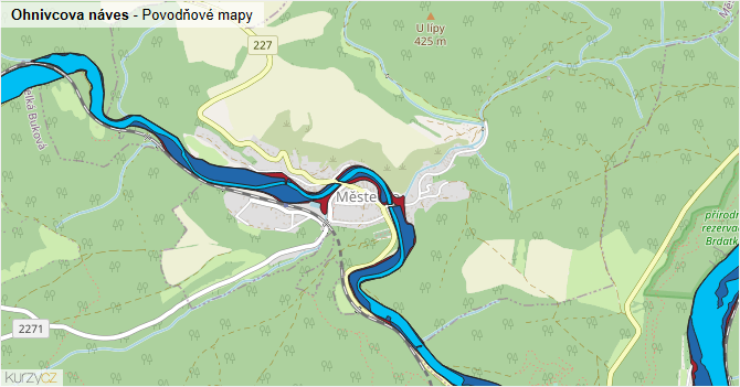 Ohnivcova náves - záplavové mapy stoleté vody