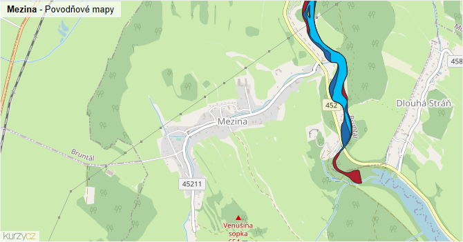 Mezina - záplavové mapy stoleté vody