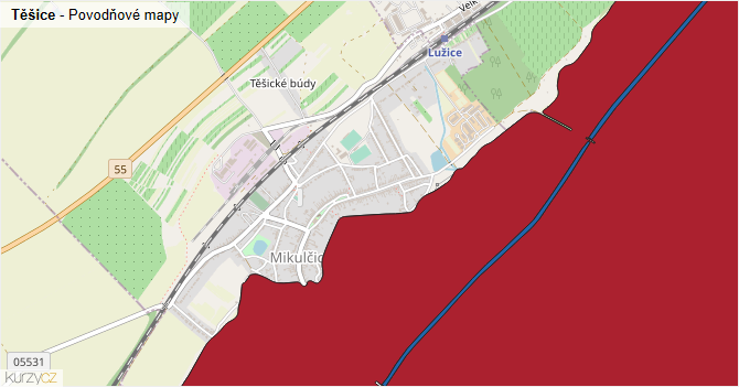 Těšice - záplavové mapy stoleté vody