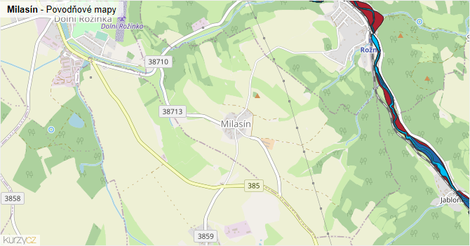 Milasín - záplavové mapy stoleté vody