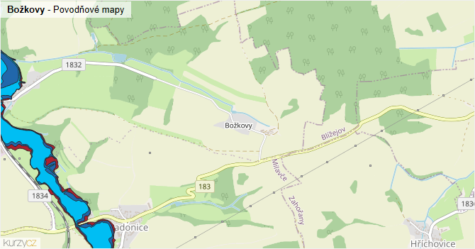 Božkovy - záplavové mapy stoleté vody