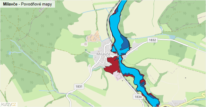 Milavče - záplavové mapy stoleté vody