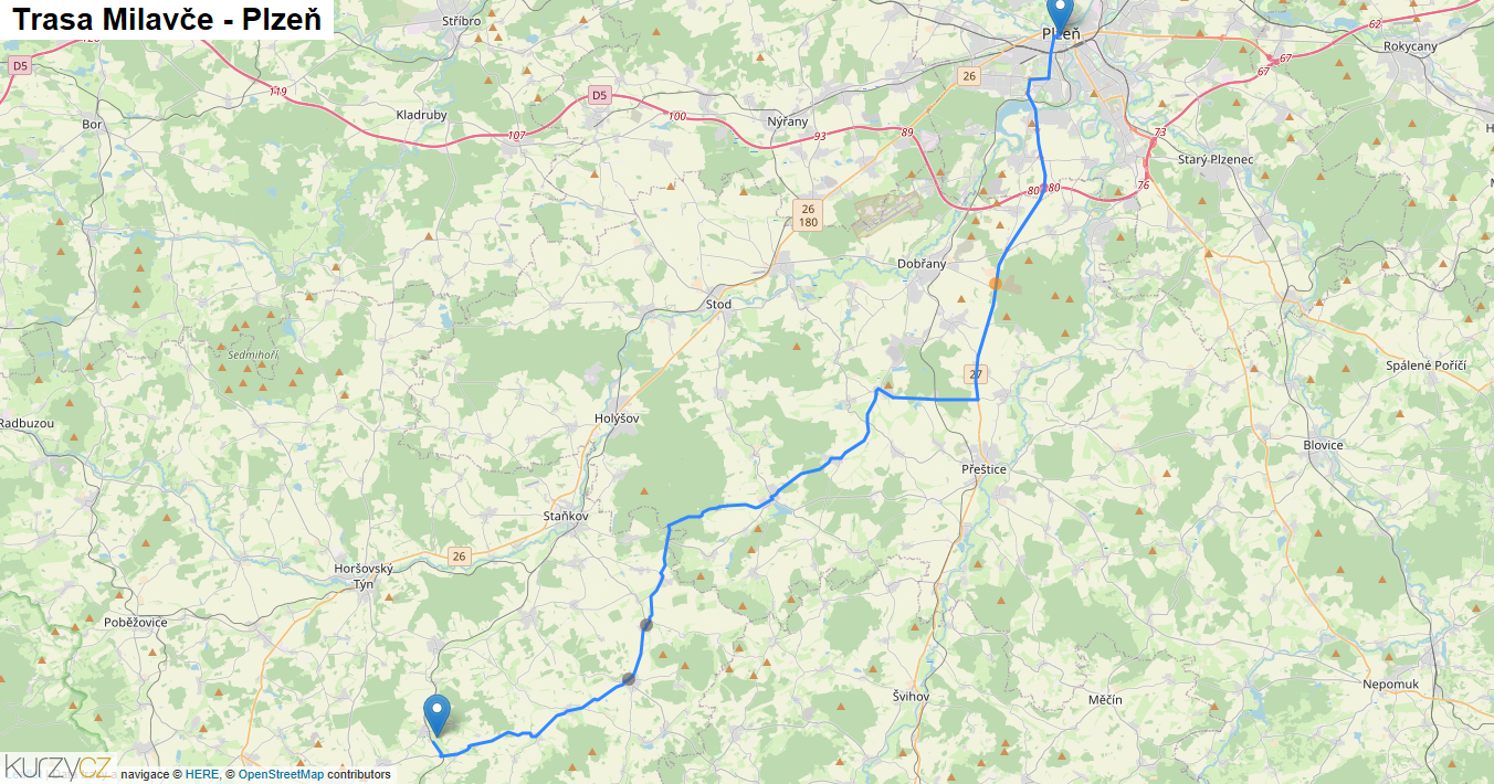 Milavče-Plzeň, mapa trasy