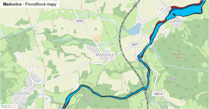 Maňovice - záplavové mapy stoleté vody