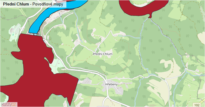 Přední Chlum - záplavové mapy stoleté vody