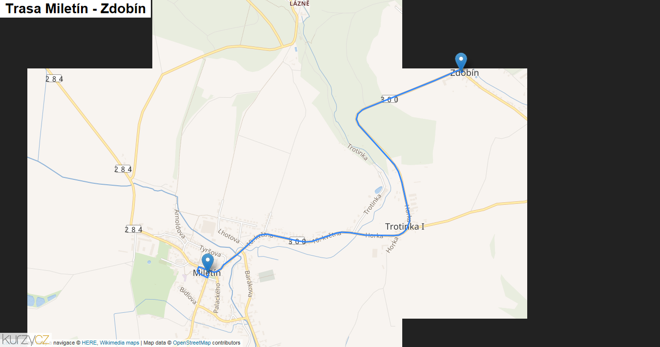Miletín-Zdobín, mapa trasy