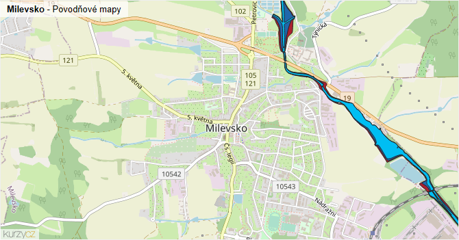Milevsko - záplavové mapy stoleté vody