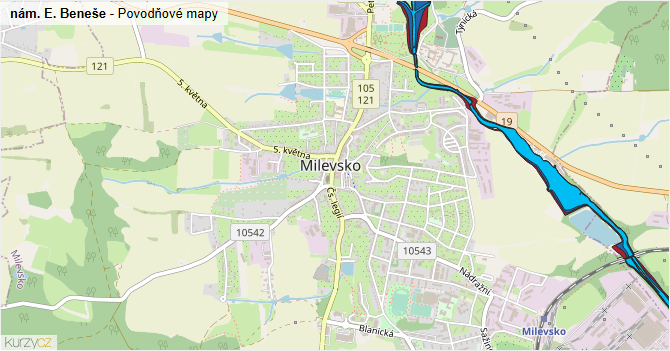 nám. E. Beneše - záplavové mapy stoleté vody