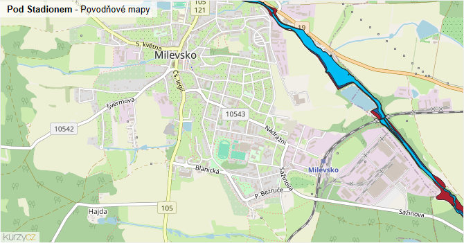 Pod Stadionem - záplavové mapy stoleté vody
