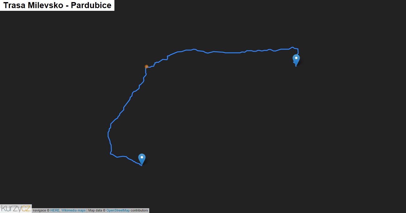 Milevsko-Pardubice, mapa trasy