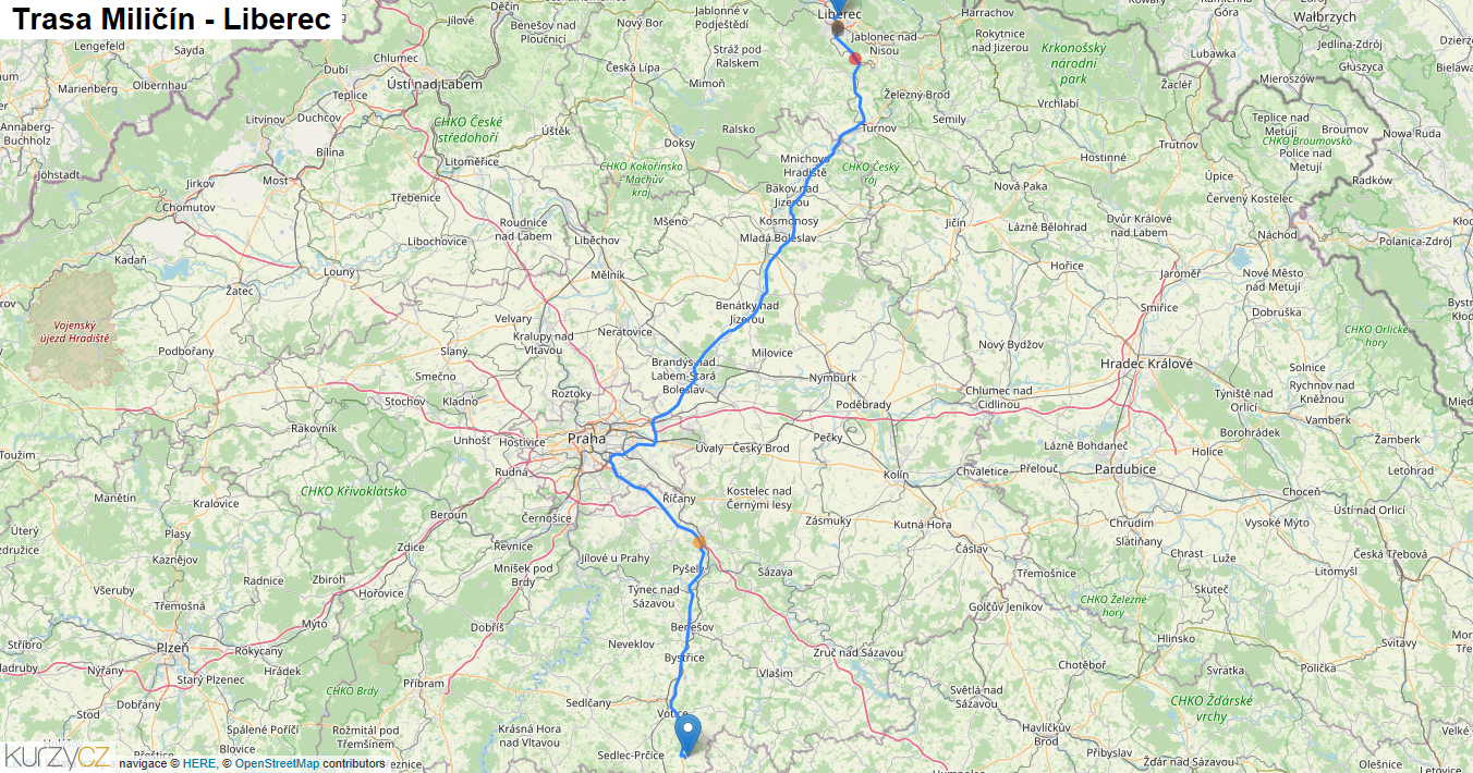 Miličín-Liberec, mapa trasy