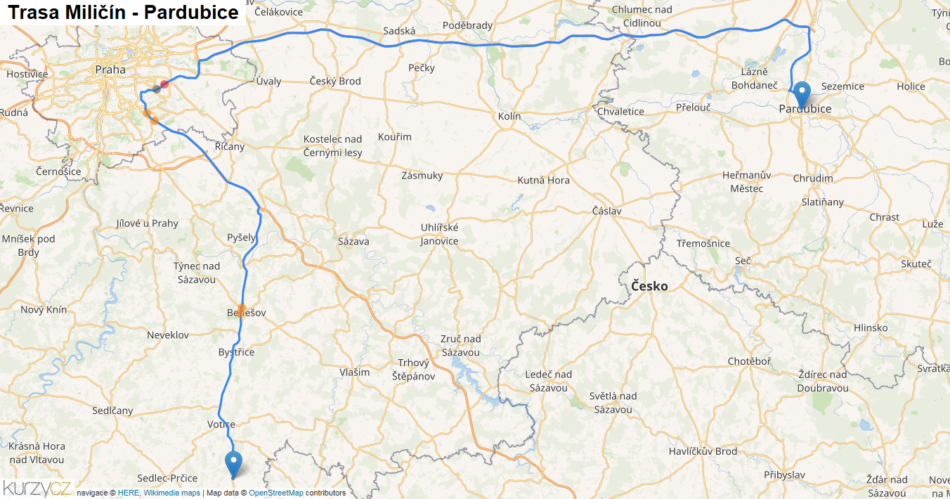 Miličín-Pardubice, mapa trasy