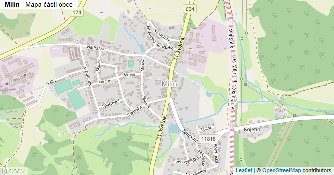 Milín - mapa části obce