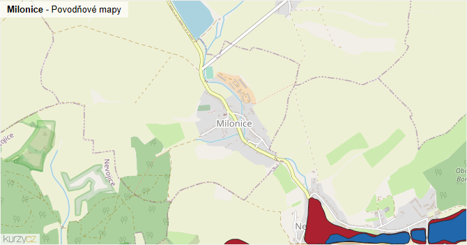 Milonice - záplavové mapy stoleté vody