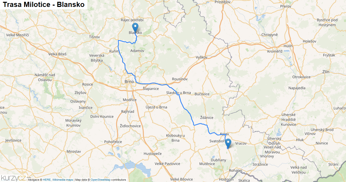 Milotice-Blansko, mapa trasy