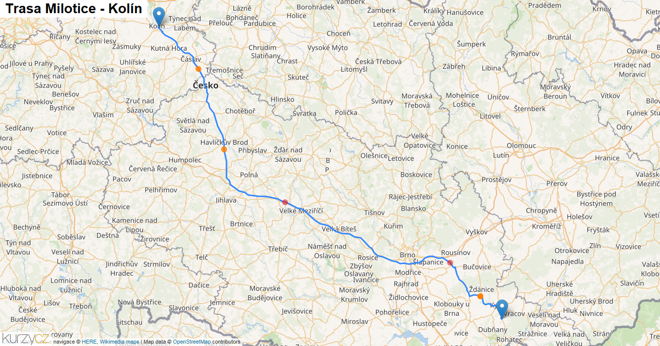 Milotice-Kolín, mapa trasy