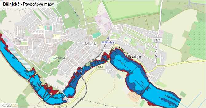 Dělnická - záplavové mapy stoleté vody