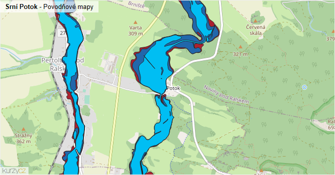 Srní Potok - záplavové mapy stoleté vody