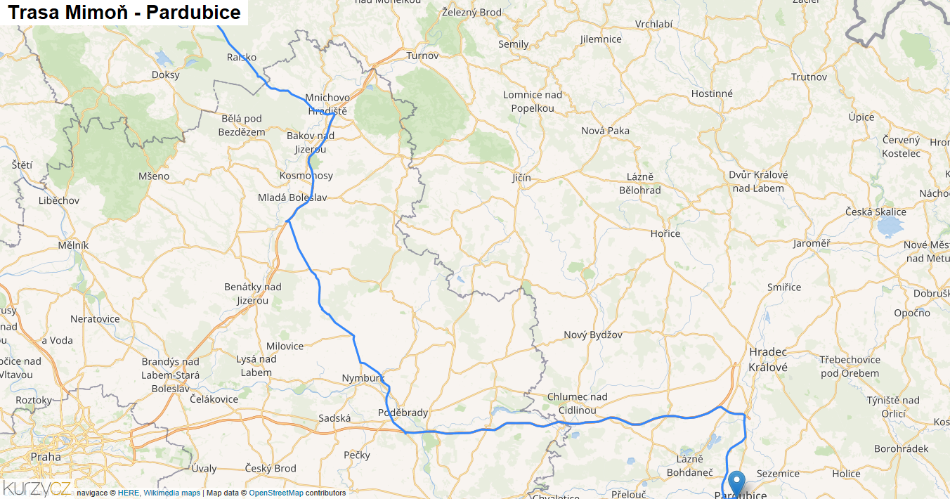 Mimoň-Pardubice, mapa trasy