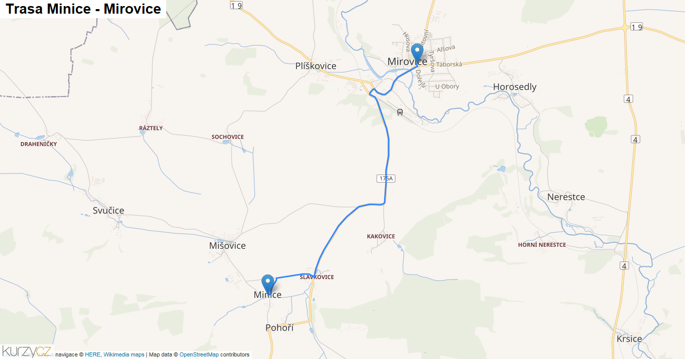 Minice-Mirovice, mapa trasy