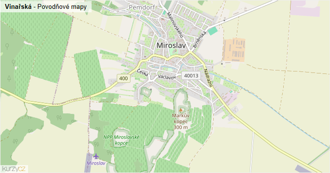 Vinařská - záplavové mapy stoleté vody