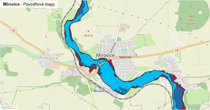 Mirovice - záplavové mapy stoleté vody