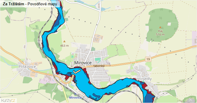 Za Tržištěm - záplavové mapy stoleté vody
