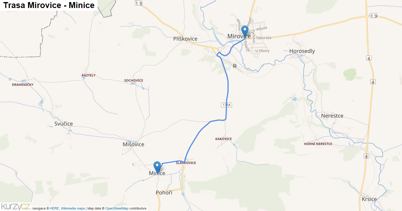 Mirovice-Minice, mapa trasy