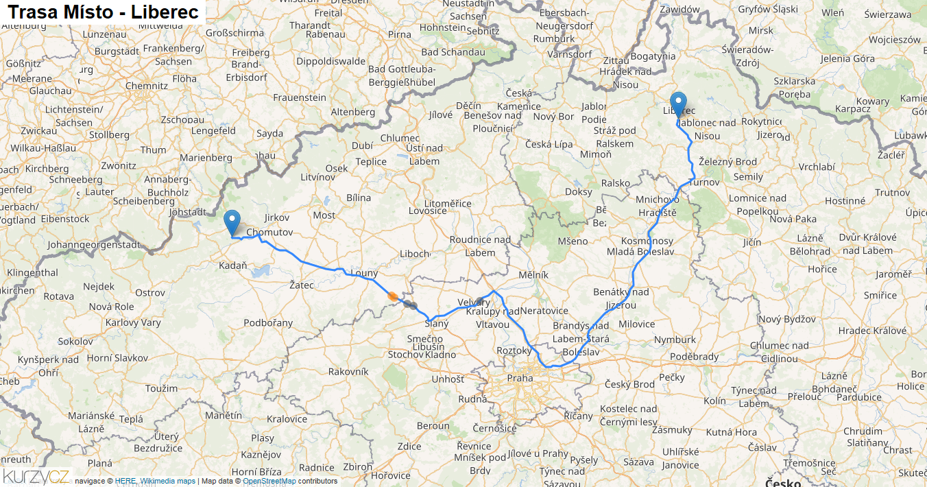 Místo-Liberec, mapa trasy