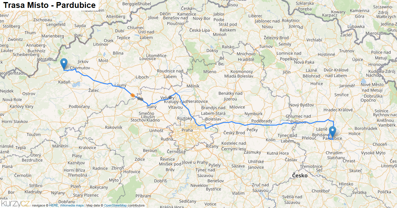 Místo-Pardubice, mapa trasy
