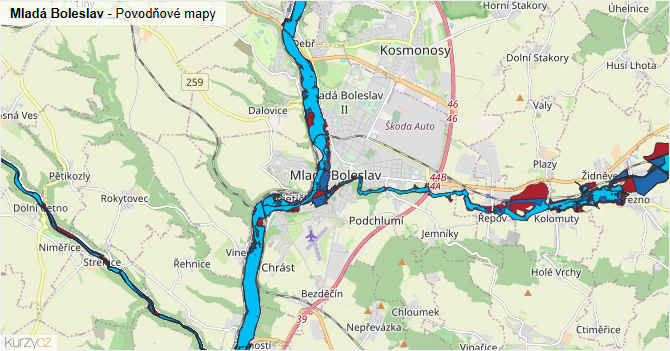 Mladá Boleslav - záplavové mapy stoleté vody