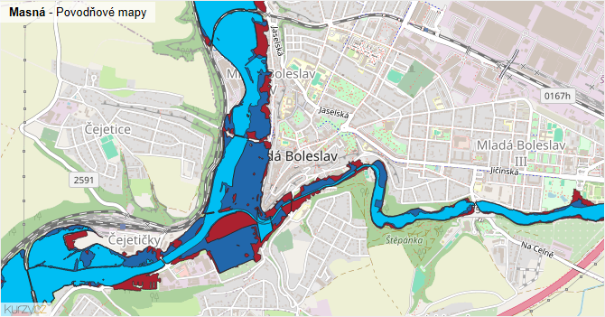 Masná - záplavové mapy stoleté vody