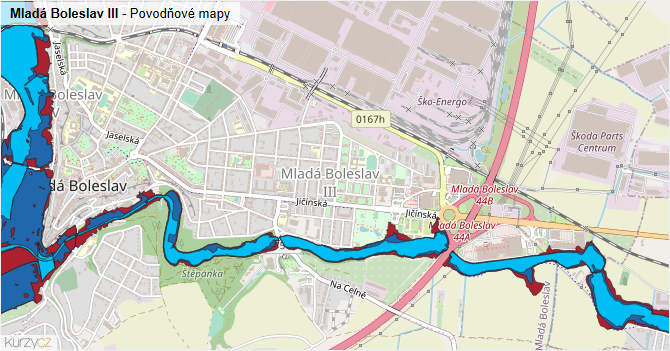 Mladá Boleslav III - záplavové mapy stoleté vody