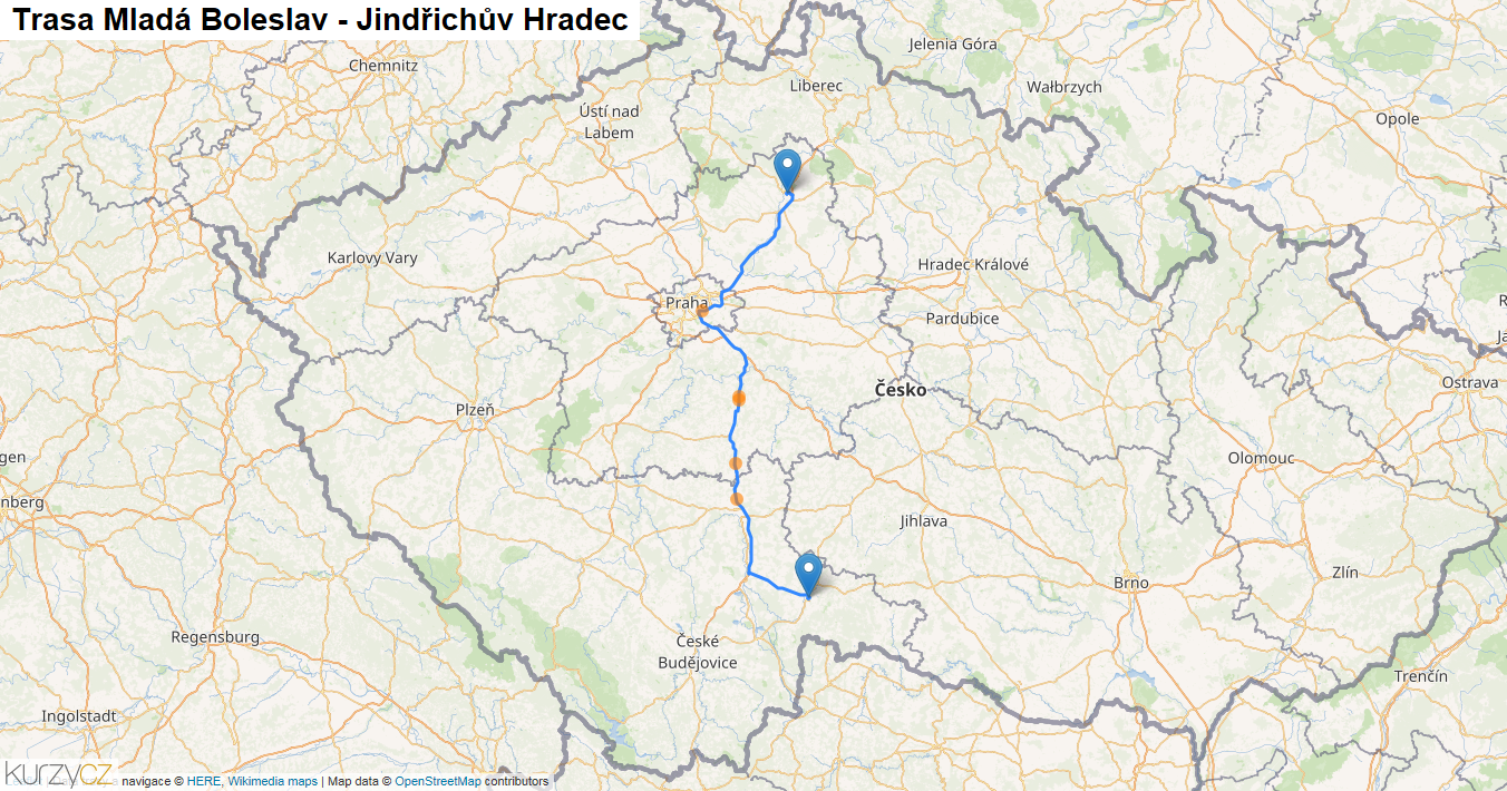Mladá Boleslav-Jindřichův Hradec, mapa trasy