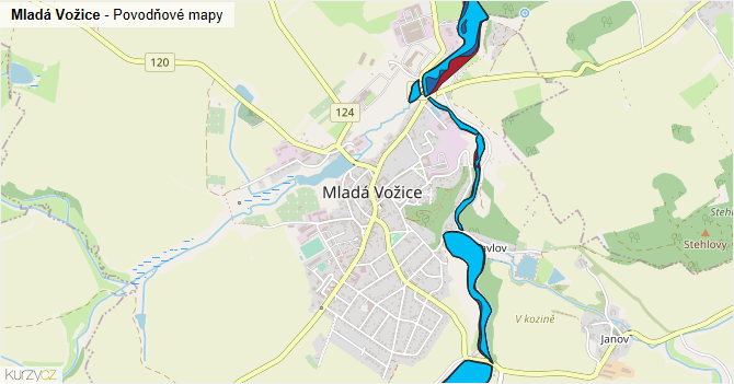 Mladá Vožice - záplavové mapy stoleté vody