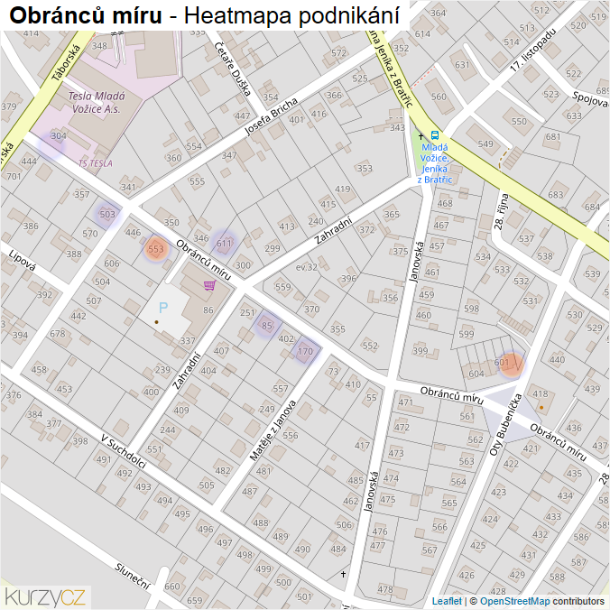 Mapa Obránců míru - Firmy v ulici.