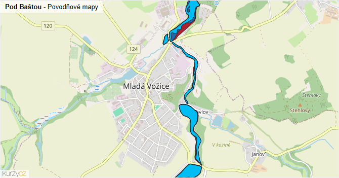 Pod Baštou - záplavové mapy stoleté vody